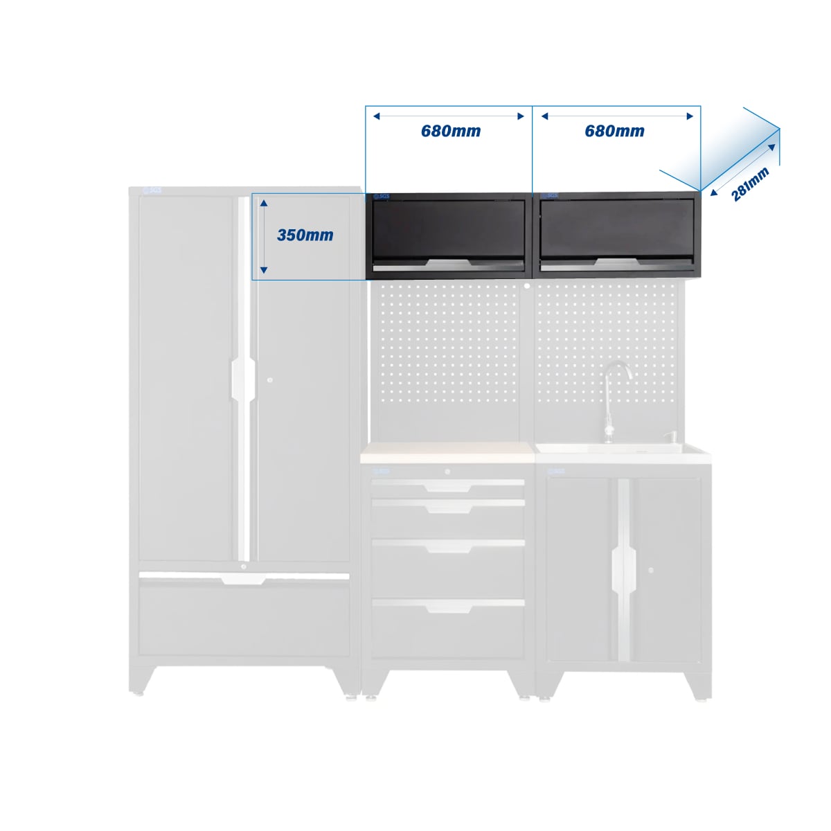 SGS 7pc Modular Garage Storage | 4 Drawers | Plywood Worktop | Sink Unit | 2x Upper Cabinets | Tall Double Cabinet with Drawer